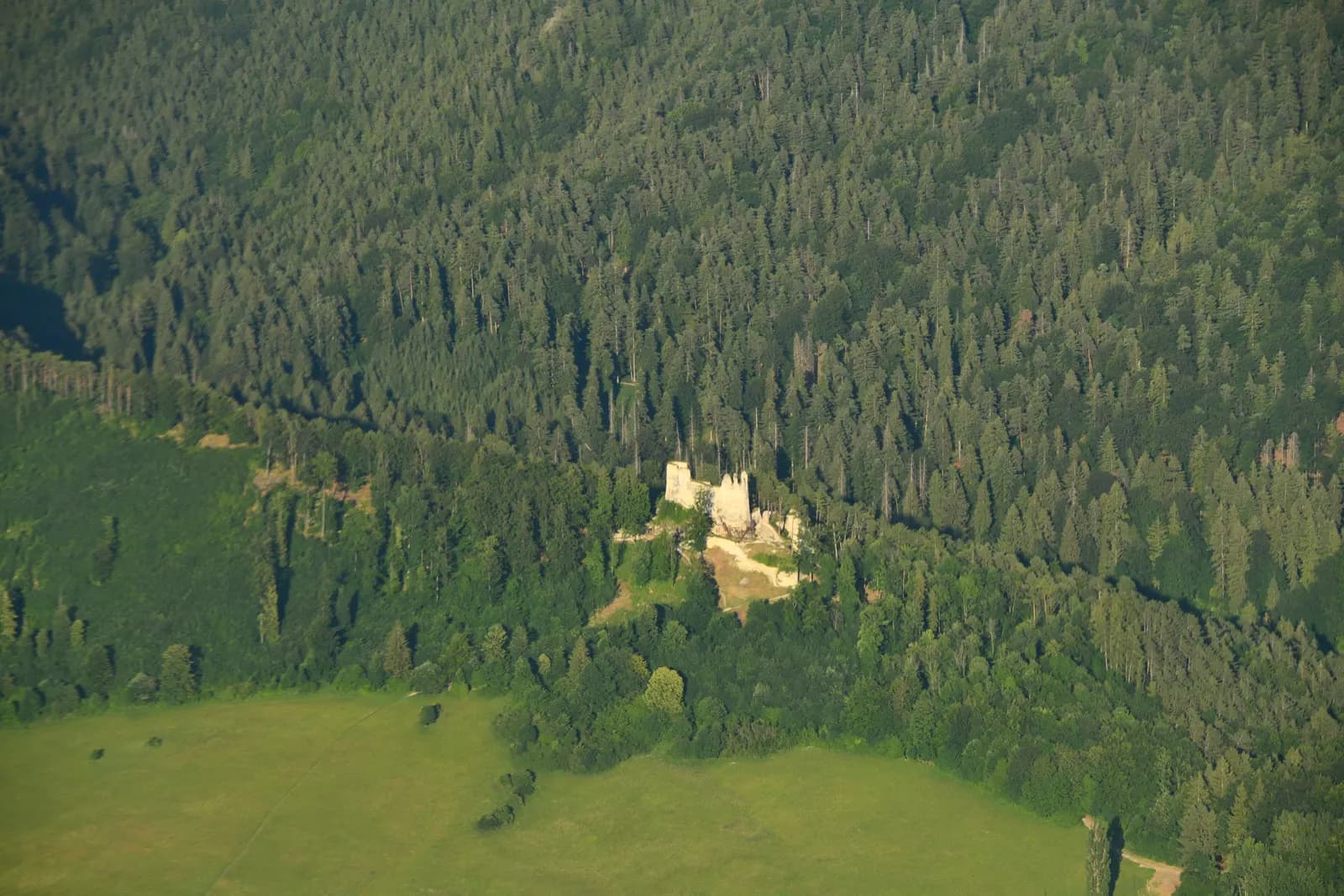 Zrúcanina hradu ukrytá v lesoch z vtáčej perspektívy